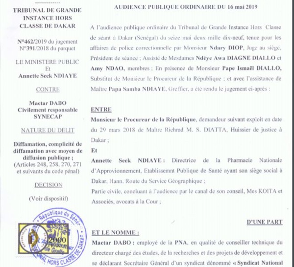 Procès pour diffamation : Matar Dabo reconnu coupable et condamné par le tribunal (Document)