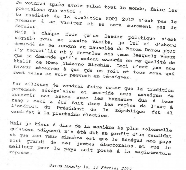 Dernière minute : le Khalife de Darou Mouhty dément avoir donné le Ndiguël en faveur de Wade.