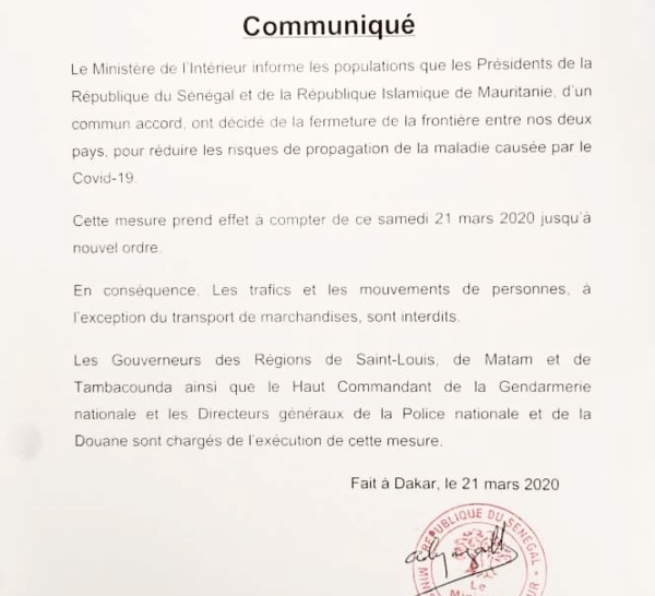 COVID-19 : Le Sénégal ferme ses frontières avec la Mauritanie. (DOCUMENT)