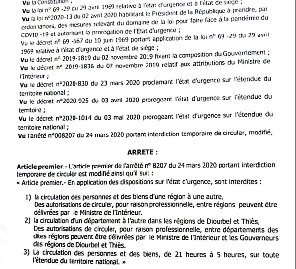 COVID-19 / Circulation des personnes et des biens : Les nouvelles mesures prises par le ministère de l’intérieur. (DOCUMENT)