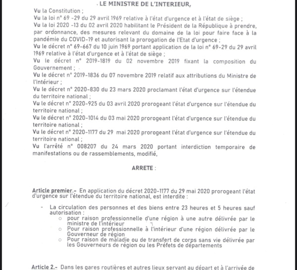 SÉNÉGAL / Assouplissement des mesures - Interdiction de rassemblements : Les arrêtés du ministre de l’intérieur . (DOCUMENT)