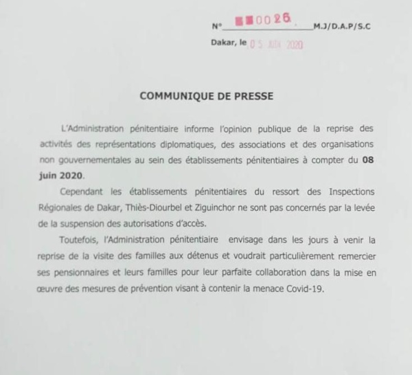 SÉNÉGAL : Reprise des activités dans les établissements pénitentiaires à partir du 8 Juin 2020. (DOCUMENT)