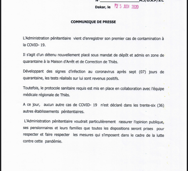 La COVID-19 touche l’administration pénitentiaire : Un détenu testé positif au coronavirus. (DOCUMENT)