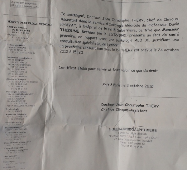 voici le certificat médical de cheikh Bethio Thioune.