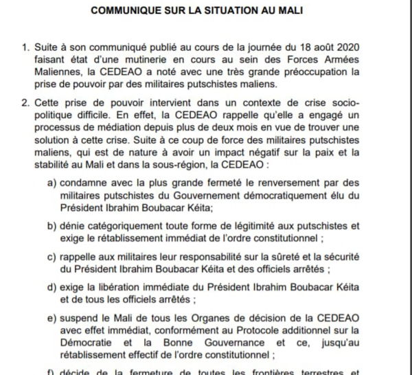 MALI : La CEDEAO condamne, sanctionne et menace... (DOCUMENT)