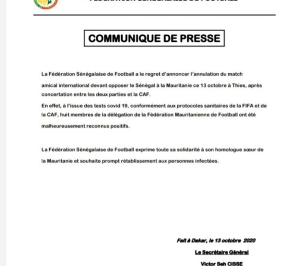 Amical Sénégal - Mauritanie : Le match annulé, huit membres de la délégation mauritanienne testés positifs au Coronavirus.