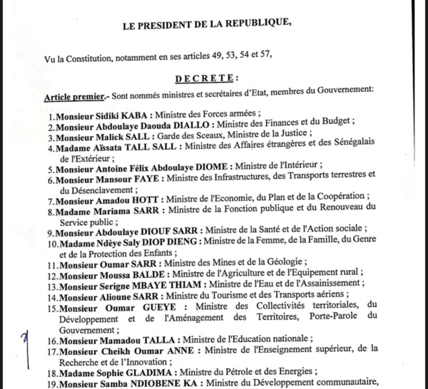 SÉNÉGAL : Voici la liste complète des membres du nouveau Gouvernement du président Macky Sall (DOCUMENT)