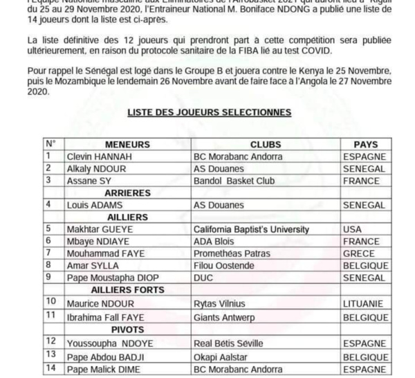 Éliminatoires Afrobasket 2021 : Boniface Ndong réduit sa liste à 14 joueurs, Gorgui Sy Dieng et Tacko Fall absents...