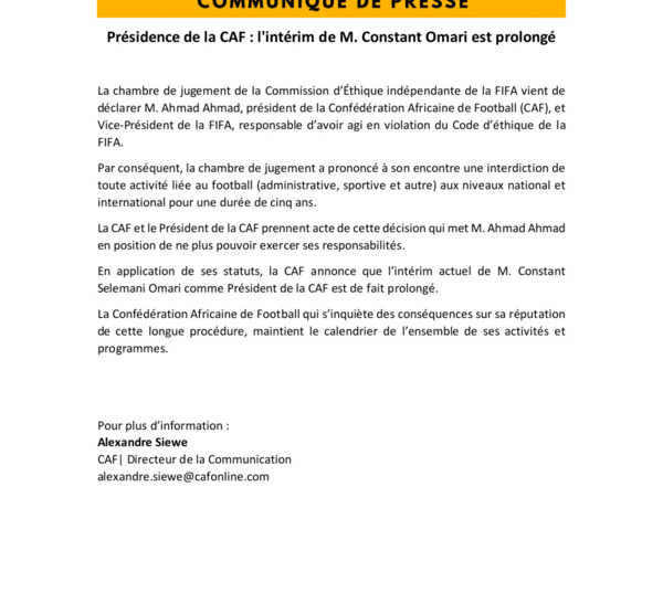 Présidence de la CAF : conséquences de la suspension d'Ahamd Ahmad, Constant Omari continue l'intérim (document)