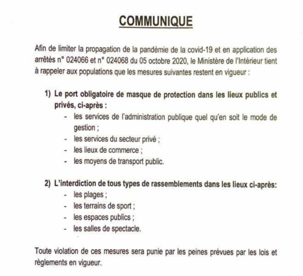 Lutte contre la Covid-19 : Les nouvelles mesures prises par le ministre de l’intérieur (DOCUMENT)