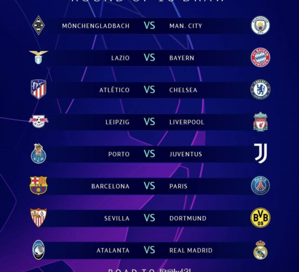 Le tirage au sort complet des huitièmes de finale de la Ligue des Champions.