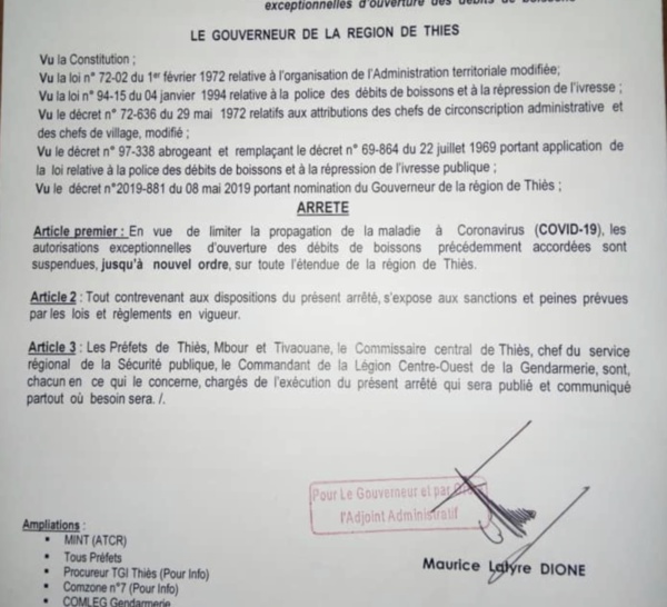 Covid-19 à Thiès : Le Gouverneur ferme les débits de boissons... (DOCUMENT)
