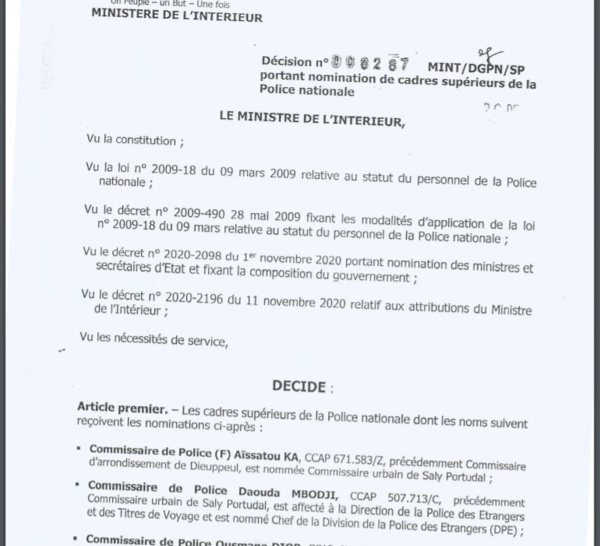 Mouvements au sein de la Police : Antoine Diome promeut plusieurs adjoints aux commissaires