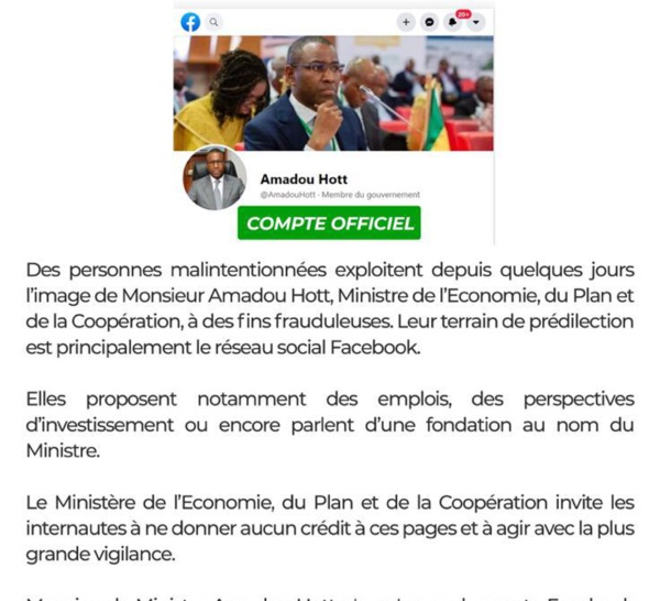 Alerte: Communiqué du Ministére de l'Economie, du Plan  et de la Coopération.