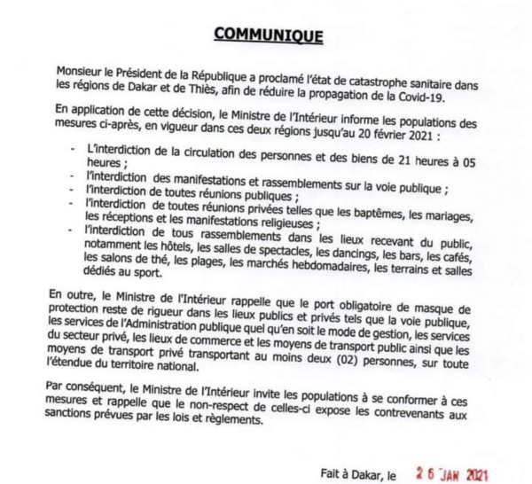 Sénégal : L’état de catastrophe assorti d'un couvre feu prorogé jusqu’au 20 février (MINISTRE DE L’INTÉRIEUR)
