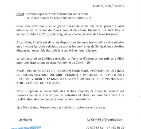 Léona Niassène : La cité religieuse décide du non report de la ziarra annuelle prévue le 13 mars prochain (Communiqué).