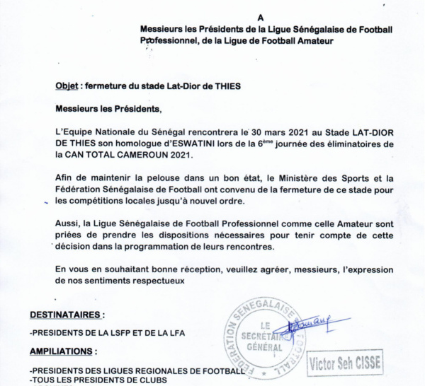 Éliminatoires CAN 2021 / Sénégal - Eswatini : Le stade Lat Dior fermé jusqu'à nouvel ordre pour préserver la pelouse.