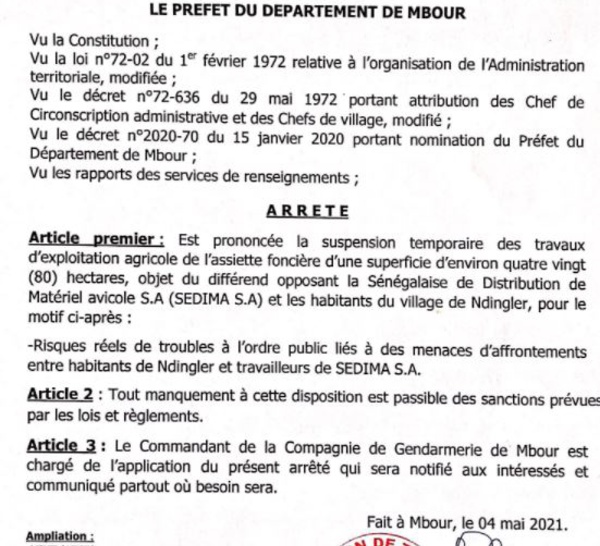 Ndingler : un arrêté suspend temporairement les travaux d'exploitation agricole de l'assiette foncière objet du différend