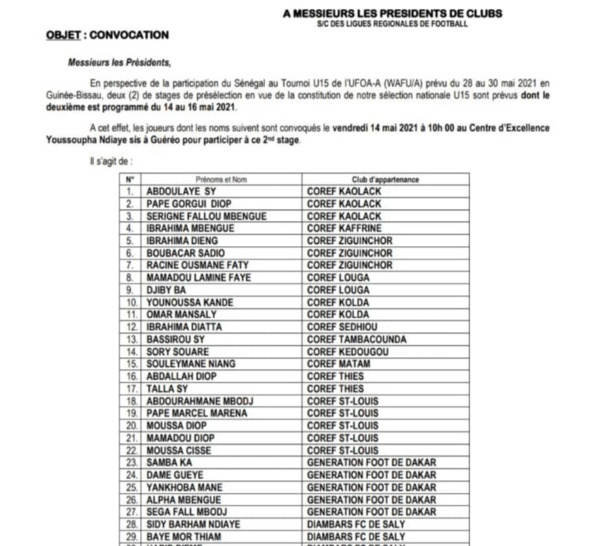 Tournoi UFOA-A U15 2021 : 31 lionceaux présélectionnés pour un stage à Guérew à partir du 14 mai.