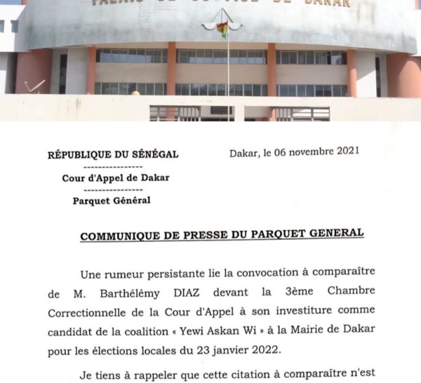 Convocation à comparaître de M. Barthélémy DIAZ : « cette audience n'a rien à voir avec sa désignation comme candidat à la Ville de Dakar » Parquet général