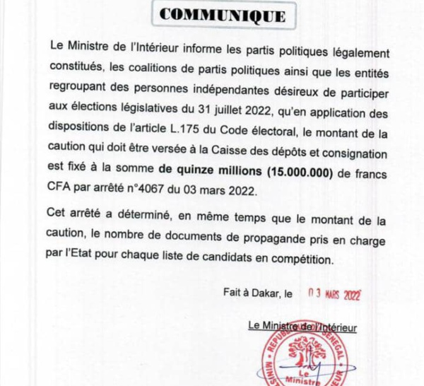 Législatives 2022 : la caution pour la participation fixée à 15.000.000 F CFA (DOCUMENT)
