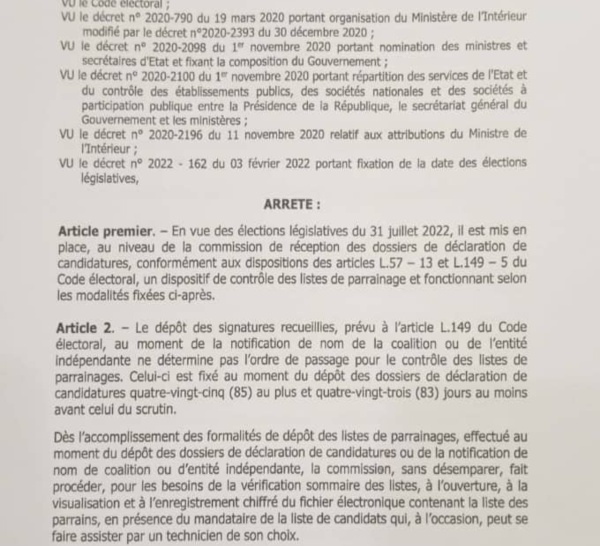 Parrainage Benno: l'article 6 de l'arreté portant sur le dispositif de contrôle des listes de parrainage qui règle la question