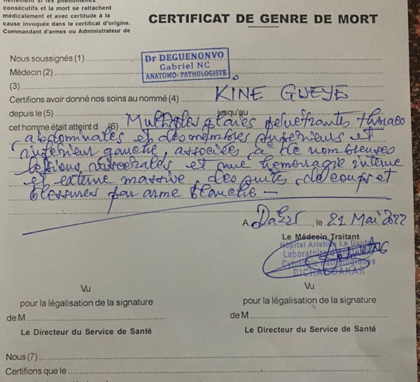 Assassinat de Kiné Gueye: ce que révéle le certificat de genre de mort