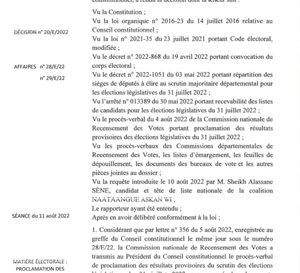 Résultats élections législatives 2022 : Voici en intégralité la décision du conseil constitutionnel