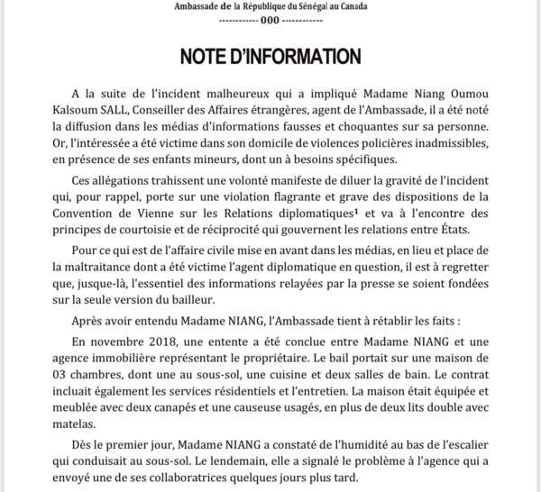 Affaire de la diplomate Sénégalaise : l'ambassade du Sénégal au Canada se désole de « la diffusion d'informations fausses et choquantes » et livre sa version des faits.