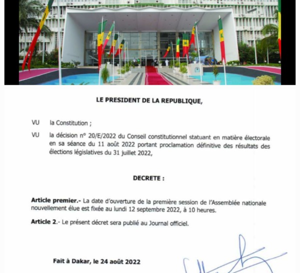 Assemblée nationale : La nouvelle législature installée ce 12 septembre 2022 (décret présidentiel)