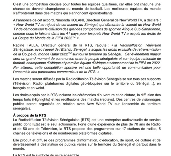 Communiqué conjoint RTS-NWT-FIFA : "la RTS a acquis les droits media exclusifs" (Nimonda Kolani, DG/NWT)