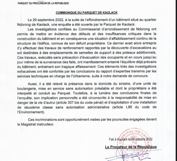 Effondrement du bâtiment à Kaolack : Le rapport d'expertise fait état de la situation d'affaiblissement du bâtiment, des travaux exécutés sans précaution d'évacuation des occupants et la présence d'une unité de boulangerie (parquet).