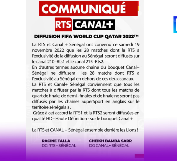 Diffusion de la coupe du monde Qatar 2022 : "aucune chaîne du bouquet canal+ ne diffusera les 28 matches dont la RTS à l'exclusivité" (communiqué)