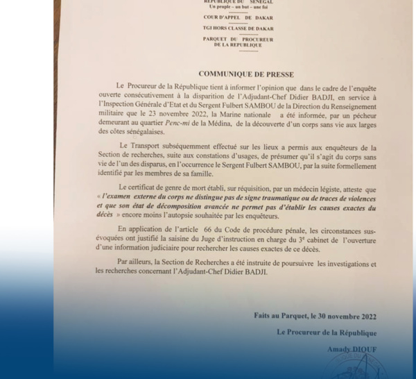 Disparition du sergent Fulbert Sambou : "L'examen externe du corps ne distingue pas de signe traumatique ou de traces de violences" (Procureur)