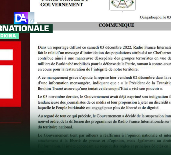 Burkina Faso : Le gouvernement décide de suspendre jusqu'à nouvel ordre la diffusion des programmes de RFI.