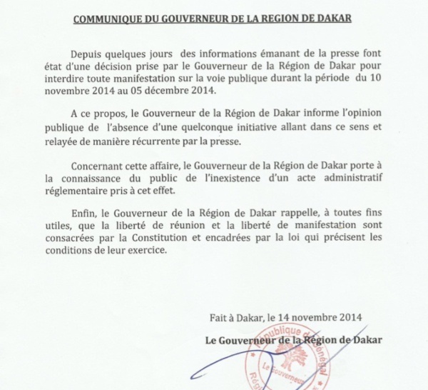 Le Gouverneur de Dakar dément avoir interdit toute manifestation sur la voie publique