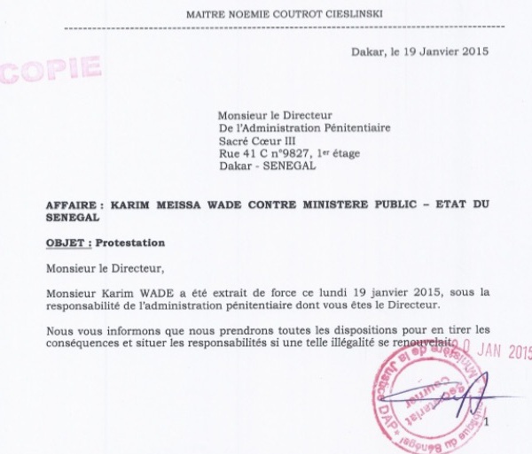 La lettre que le pool d'avocats de Karim Wade a adressée au Directeur de l'Administration pénitentiaire