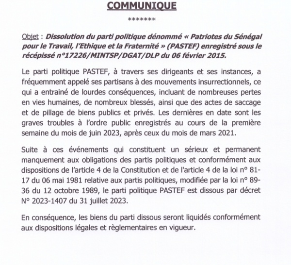 Sénégal : Le ministre de l'intérieur dissout le parti Pastef de Ousmane Sonko