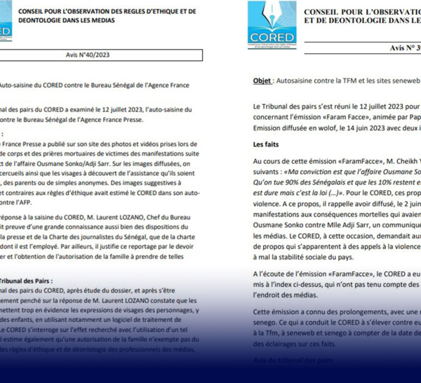 Manquements à l'éthique et à la déontologie : Voici les deux avis du tribunal des pairs du Cored [Décisions du 21 Juillet 2023]