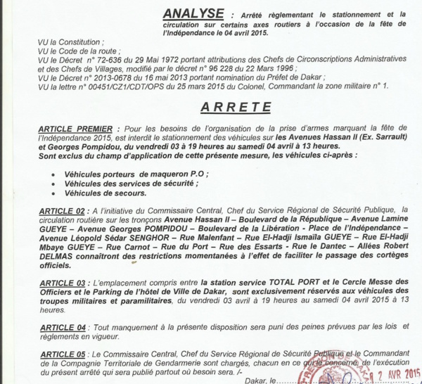 04 Avril 2015 : Arrêté réglementant le stationnement et la circulation sur certains axes routiers à l'occasion de la fête de l'indépendance