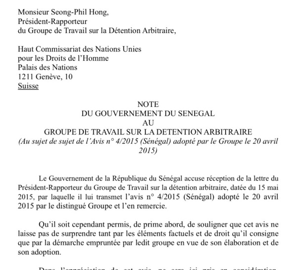 La réponse de la République du Sénégal à la demande du groupe de travail sur la détention arbitraire (DOCUMENT)