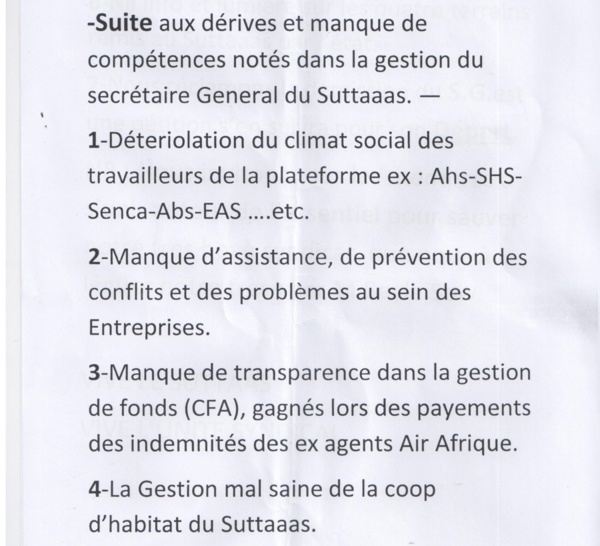 SUTTAAS : Des membres du mouvement réclament la démission du SG Alassane N'doye