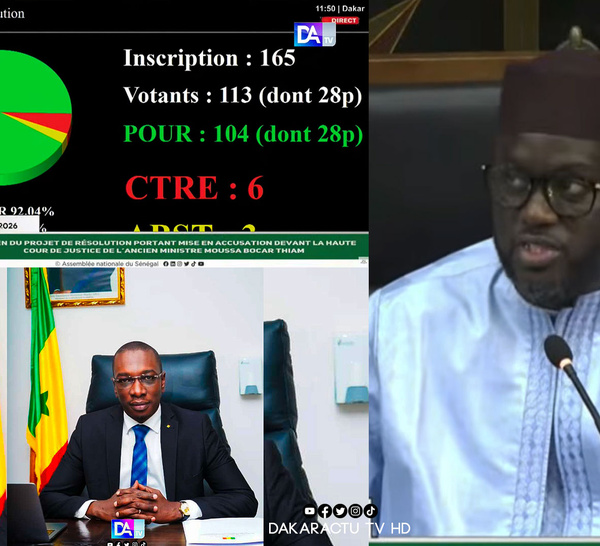 Assemblée nationale : Avec 104 voix pour, la majorité acte le renvoi de Moussa Bocar Thiam devant la Haute Cour de justice
