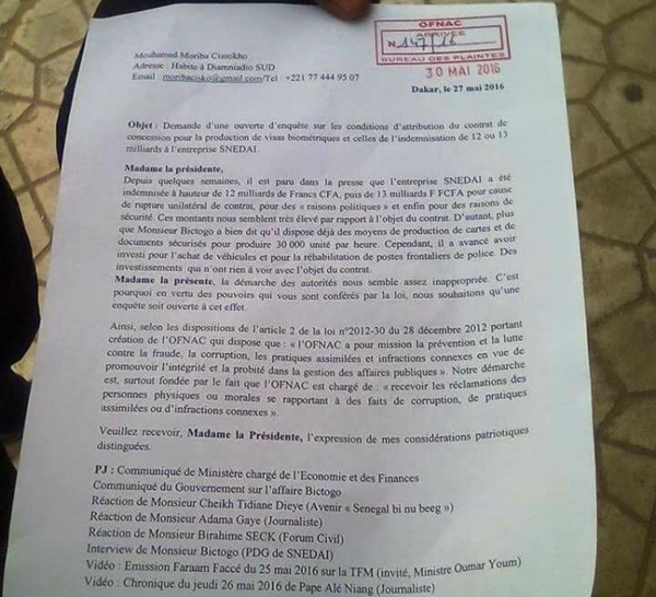 La plainte contre Adama Bictogo déposée ce lundi 30 mai à l'Ofnac: Après la dénonciation une communauté de citoyens a déposé cette plainte après une campagne de pétition lancée à travers les réseaux sociaux et soutenue par le Forum civil