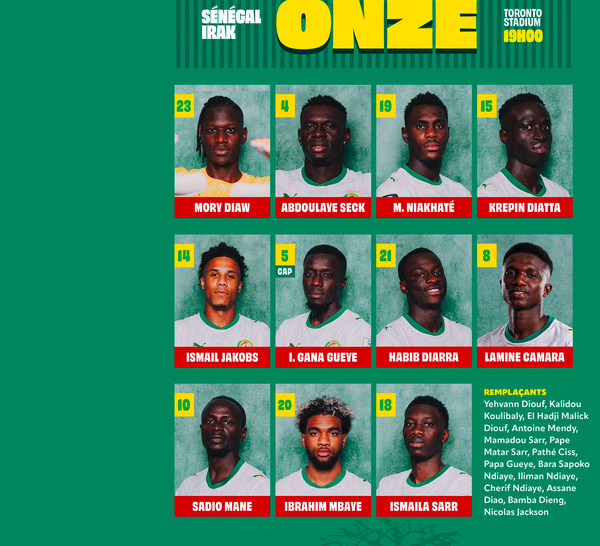 Sénégal–Irak : Pape Thiaw dévoile son onze de départ avec Sadio Mané, Ismaïla Sarr et Ibrahim Mbaye en attaque