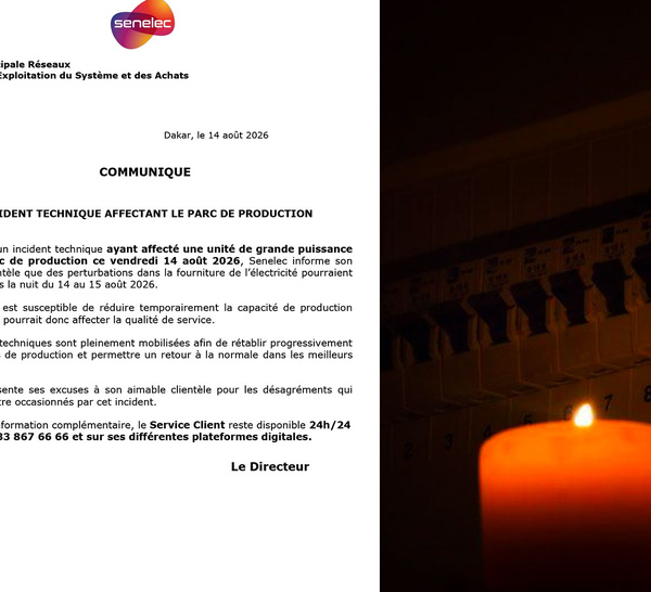 Coupure d'électricité /incident sur une unité de grande puissance : Senelec alerte sur de possibles perturbations dans la nuit du 14 au 15 août