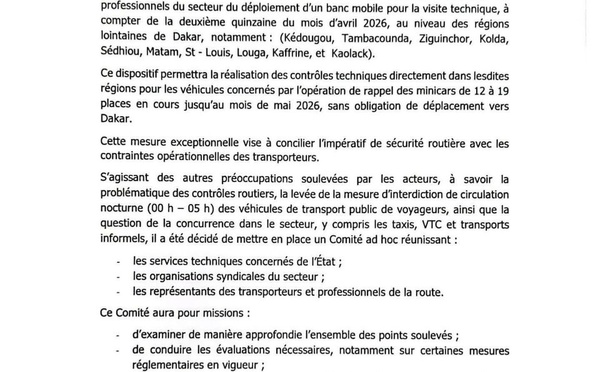 Transport : le MITTA annonce le déploiement d'un banc mobile dans les régions pour la visite technique...
