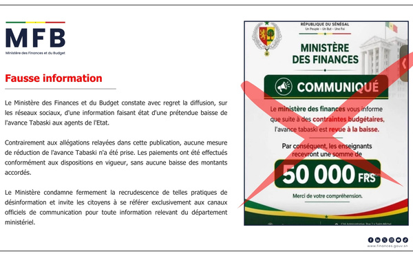 Avance Tabaski : Le ministère des Finances dément une information virale sur une baisse des montants