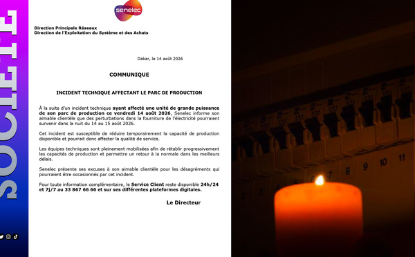Coupure d'électricité /incident sur une unité de grande puissance : Senelec alerte sur de possibles perturbations dans la nuit du 14 au 15 août